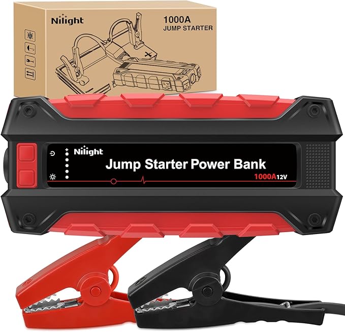 Nilight 1000A Car Battery Jump Starter for Up to 6.0L Gas & 4.0L Diesel Engines 12V Portable Jump Start Booster Pack Jump Box with Jumper Cables DC Output and LED Light