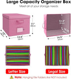 File Organizer Boxes with Lid, Linen Hanging File Storage Boxes with Handle, Collapsible Document Filling Boxes for Letter/Le