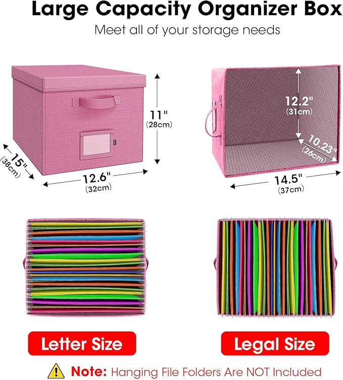 File Organizer Boxes with Lid, Linen Hanging File Storage Boxes with Handle, Collapsible Document Filling Boxes for Letter/Le