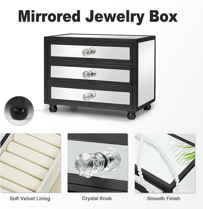 Gifturbo 3-Tier Mirror Black Jewelry Box,Jewelry Organizer Glass with 3 Drawers for Big and Small Jewelry, Jewelry Storage, M