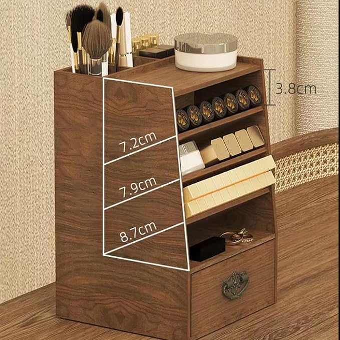 Makeup Organiser Storage Wood Makeup Organizer Box, Lipsticks Holder Rack, with Drawer and Tabletop for Storing Palettes, Bru