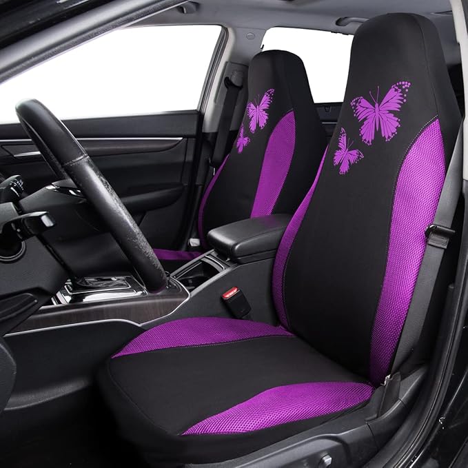 Flying Banner Butterfly car seat Covers ful Set Fashion Universal Lady Woman Female Rear Bench Split Colorized (2 Fronts, Pur