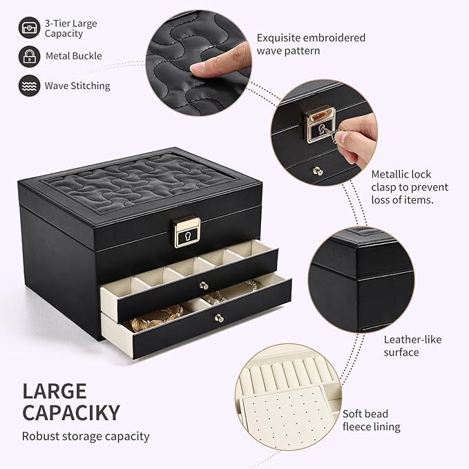 Greenfeather Jewelry Boxes for Women, Jewelry Organizer Box with Lid 3 Layers for Necklaces Rings Earrings and Bracelets Box 