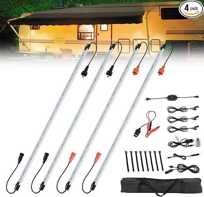 12V LED Interior Light Bar Kit Dimmable IP67 Waterproof Camping String Lights, 2 Bars White & 2 Bars Amber Aluminum Magnetic Mount Exterior Lights for RV, Camping Tent,Car