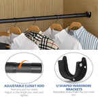 Closet Rod, 17 to 68 Inch Closet Rods for Hanging Clothes, Heavy Duty Adjustable Clothes Hanging Bar Rod Matte Black Closet P