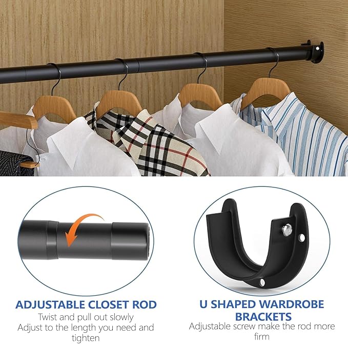 Closet Rod, 17 to 97 Inch Closet Rods for Hanging Clothes, Heavy Duty Adjustable Clothes Hanging Bar Rod Matte Black Closet P