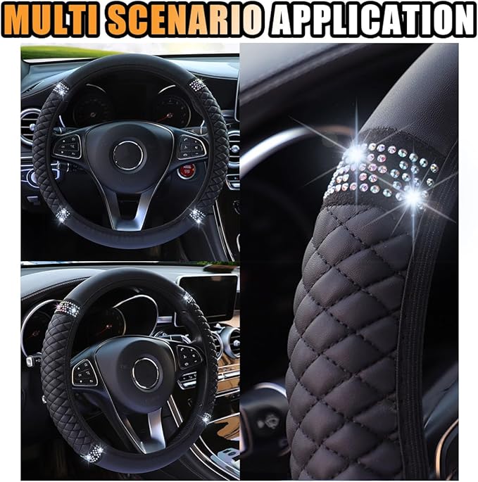 Bling Soft Leather Steering Wheel Cover, 15 Inch Colorful Rhinestones Auto Elastic Protector with Crystal Diamond for Women G