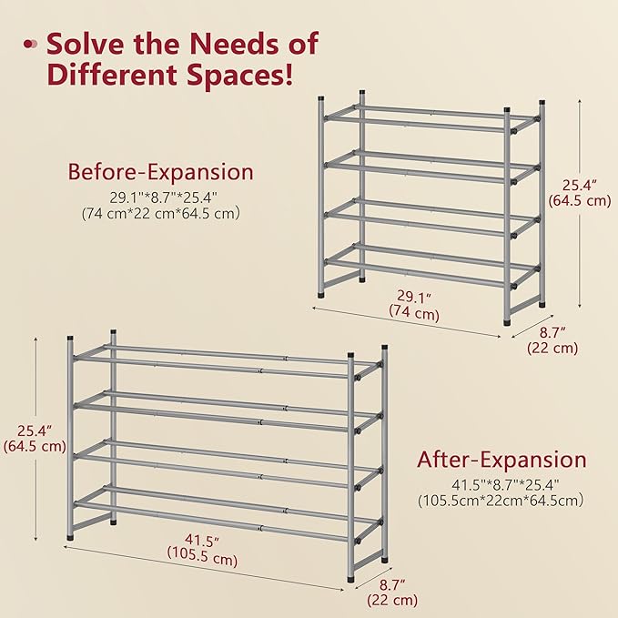 Tajsoon Expandable Shoe Rack for Closet 4 Tier, 29“-41“Adjustable & Stackable Shoe Shelf Storage, Metal Shoe Rack Organizer f