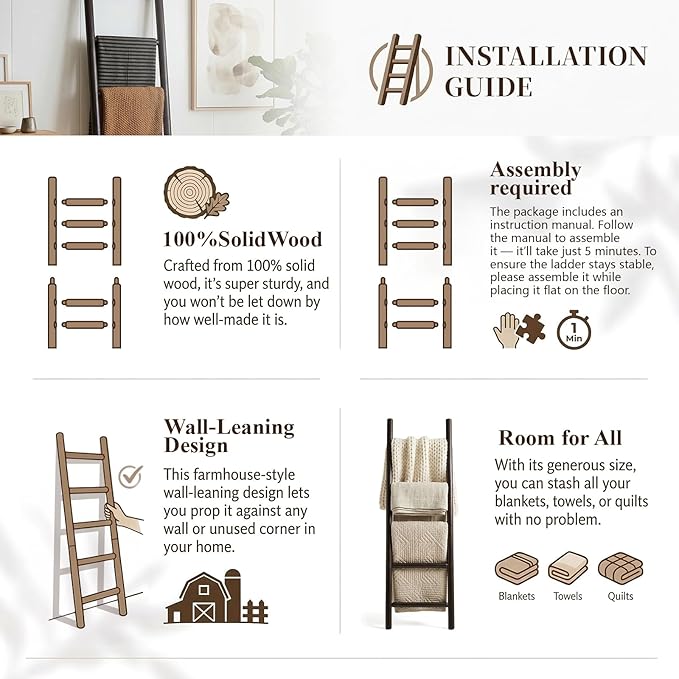 Wooden Blanket Ladder - 57in Natural Wood Color- Leaning Wall Decor for Bedroom, Bathroom, Living Room - Rustic Quilt Holder 