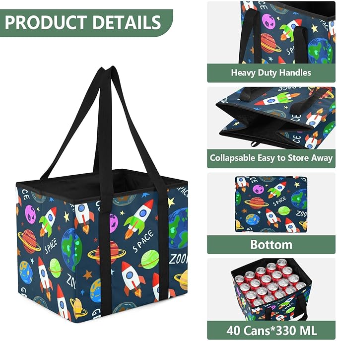 Colorful Planets Reusable Grocery Bags Large Shopping Tote Bag with Reinforced Bottom Board, Water Resistant Foldable Storage
