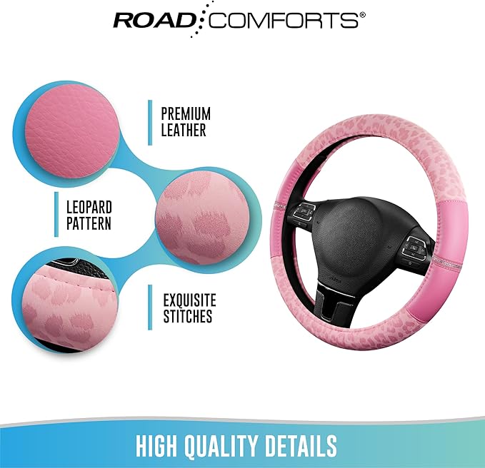 Road Comforts Leopard Steering Wheel Cover for Women, Cute Anti-Slip Microfiber Leather, Universal Fit 14.5-15 Inch Round Ste
