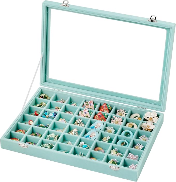 Frebeauty 48 Grid Jewelry Tray,Adjustable Earring Holder Organizer with Glass Lid,Velvet Drawer Jewelry Organizer for Rings,S