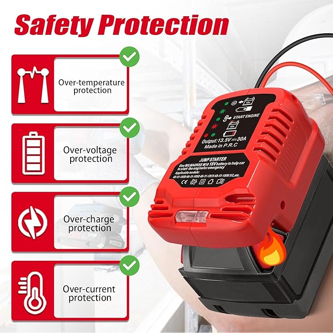 Jumper Starter Adapter for Milwaukee M18 18V Battery, 11AWG Pure Copper Cable, 30A Output, Up to 3.5L Engine, 12V Car Emergency Jump Kit