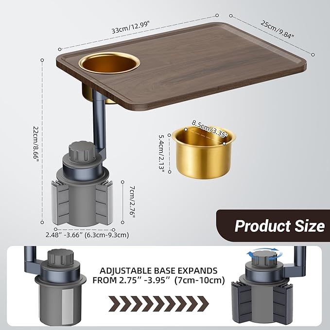 Car Cup Holder Tray Desk, 360° Rotating Black Walnut Solid Wood Food Car Table - Steering Wheel Tray Road Trip Essentials Accessories for Tesla Model Y/3/S, Ford F150 Most Vehicles