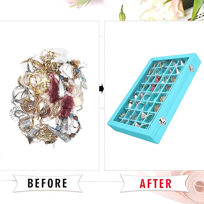 Siveit Velvet Jewelry Tray 48 Grid Jewelry Display Tray Organizer Box with Transparent Lid Rings Earrings Necklaces Pendants 