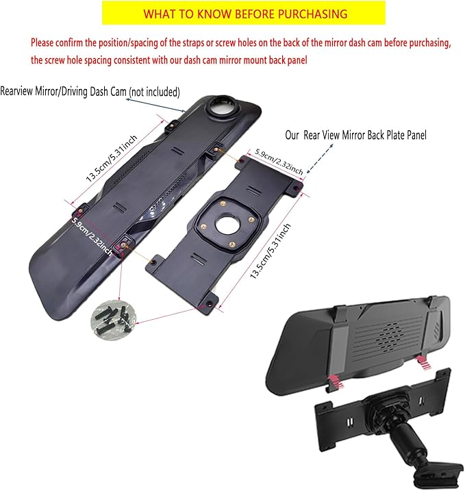 1 Set Dash Cam Mirror Mount Rear View Mirror Back Plate Panel Car Rear View Camera Mount Kit for 5.5" - 12" Rearview Mirror Dash Cams