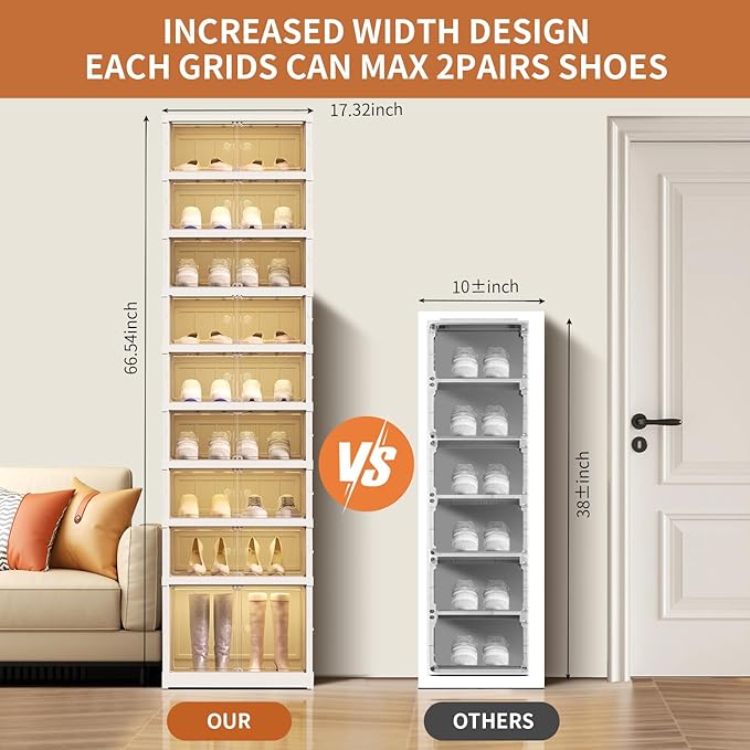 CIMLORD 9-Tier Foldable Shoe Rack Organizer for Closet 18Pairs Plastic Shoe Shelf Collapsible Shoes Storage Box Clear Shoe Bo