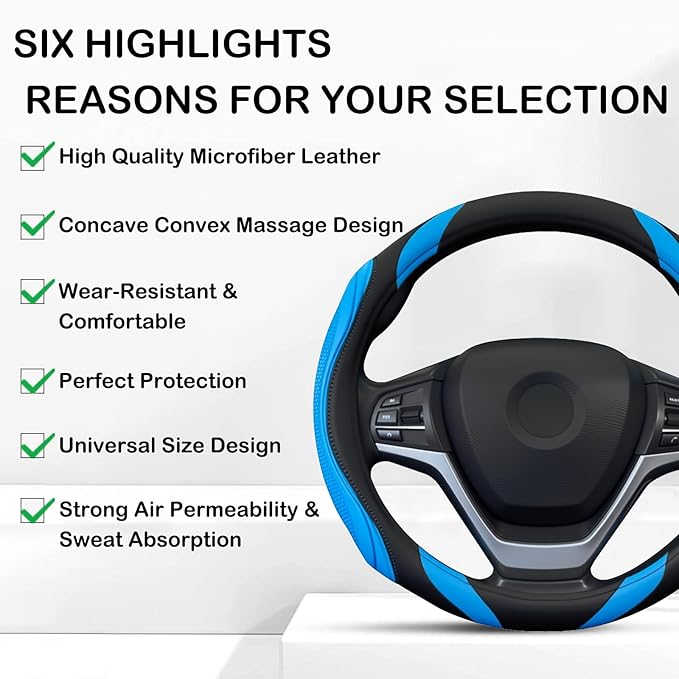 Concave Convex Massage Black Blue Microfiber Leather Steering Wheel Cover, 14.5-15 Inch Non-Slip Breathable Microfiber Car St