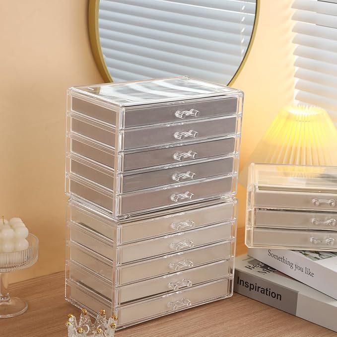 5 Drawerss Necklace Organizer Box, Tray with Clear Lid, Dustproof Velvet Necklaces Holder Storage Display Case, Gery Necklace