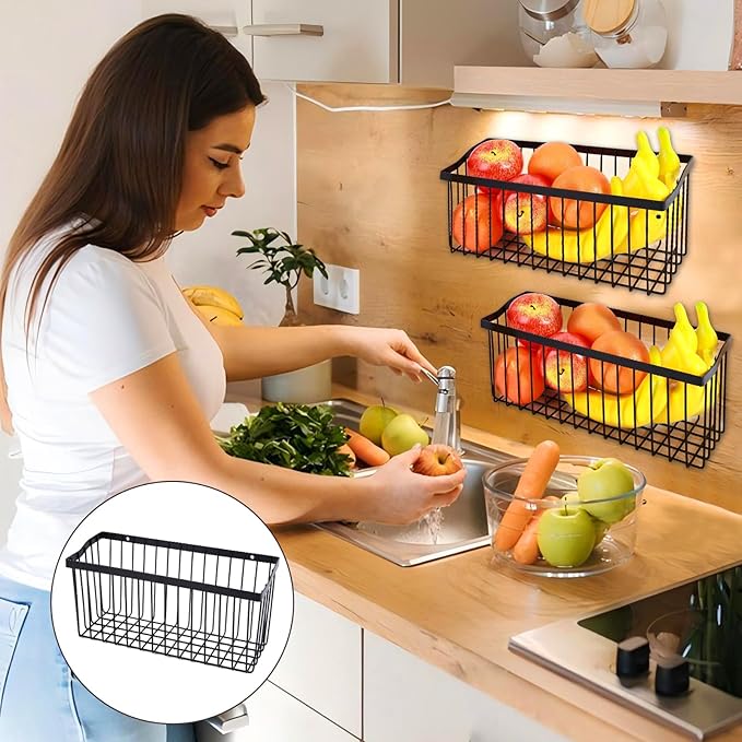 2 Pcs Fruit Basket Wire Baskets, Fruit and Veggie Storage Basket Holder for Kitchen Wall Mounted,Kitchen Organizers and Stora