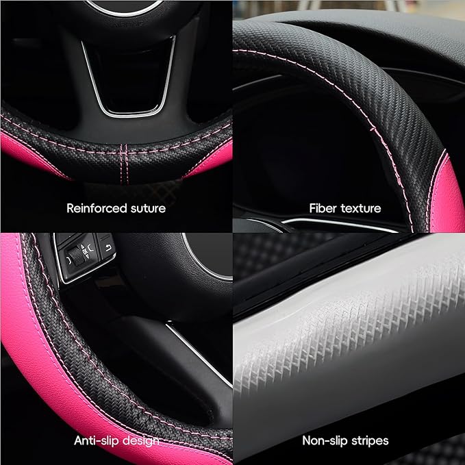 LABBYWAY Microfiber Leather Auto Car Steering Wheel Cover, Universal Fit 15 Inch Anti-Slip Wheel Protector, Pink