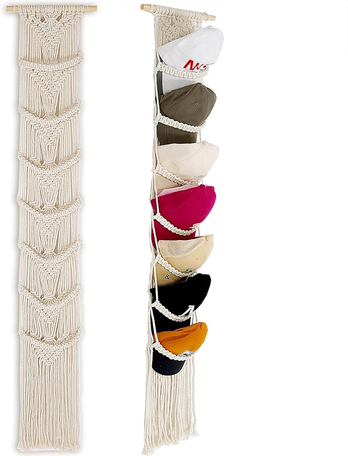 jontell Cap Holder-1 Pack Hat Organizer for Baseball Caps, Macrame Hat Rack for Wall, Cap Rack for Baseball Cap Display Boho 