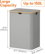 Lifewit 150L Laundry Basket with Lid, Clothes Hampers for Laundry with Bamboo Handles and 2 Removable Laundry Bags, Large Fol