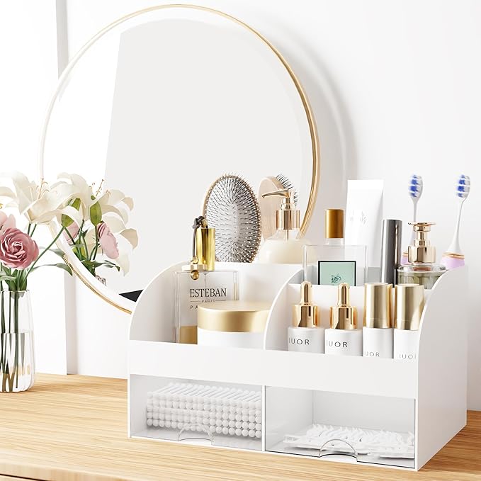 Makeup Organizer with Drawers, Cosmetic Storage for Dresser Vanity and Bathroom Countertop, Beauty Holder for Lipstick Brush,