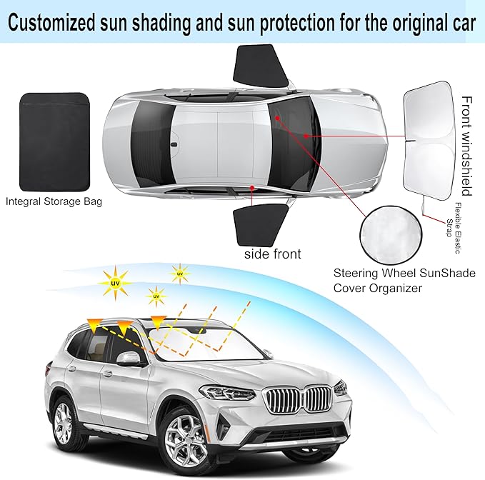 3PCS Car Window Shades Front Windshield Sun Shade Foldable Window Shade Custom Fit for 2018-2024 BMW X3 Accessories Car Shades for Front Windows Anti-UV Rays Block Heat