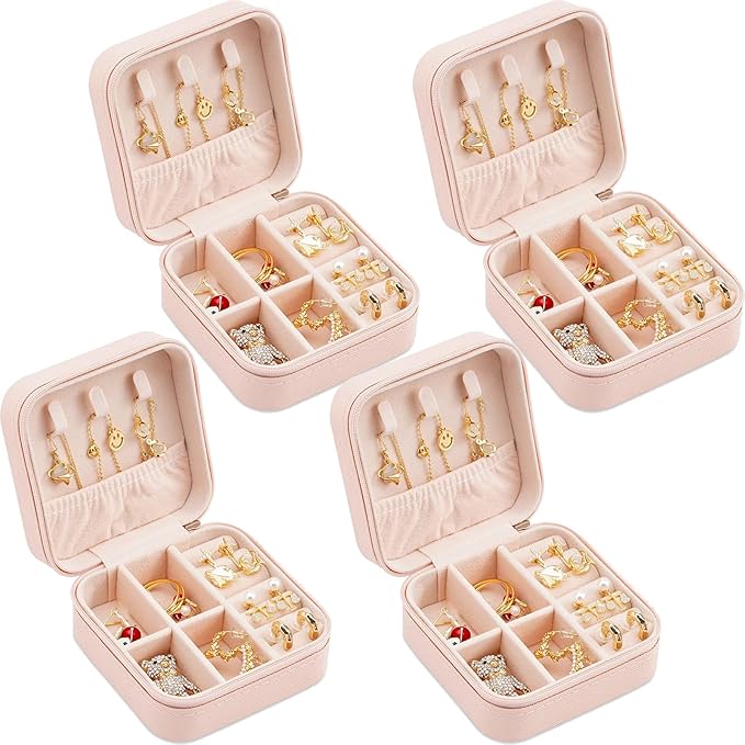 Neveika Portable Travel Mini Jewelry Box Leather Jewellery Ring Organizer Case Storage Gift Box Girls Women (4pcs pink).