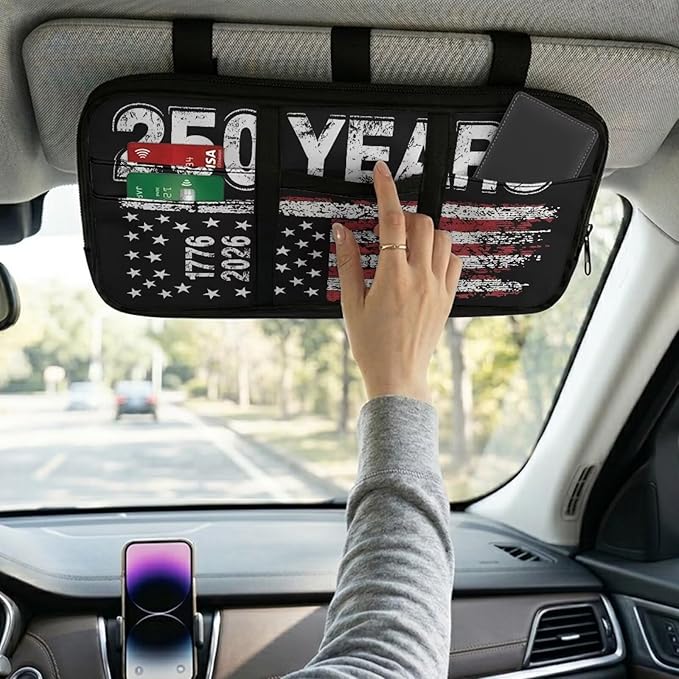 250th Anniversary of US Visor Storage Bag Car Visor Pocket Wallet Pouch with Multi-Pocket Vehicle Sunshade Storage Bag with Zipper for SUV Truck Van
