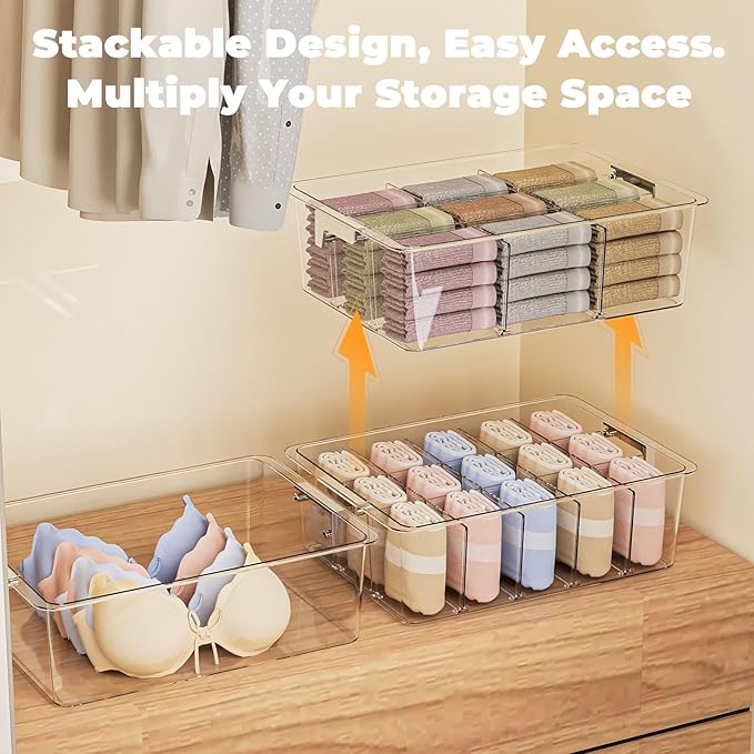 Socks Bra Underwear Drawer Organizer for Closet, 2 PCS Plastic Storage Box with 15 Removable Compartments and Lid, Clear Dres