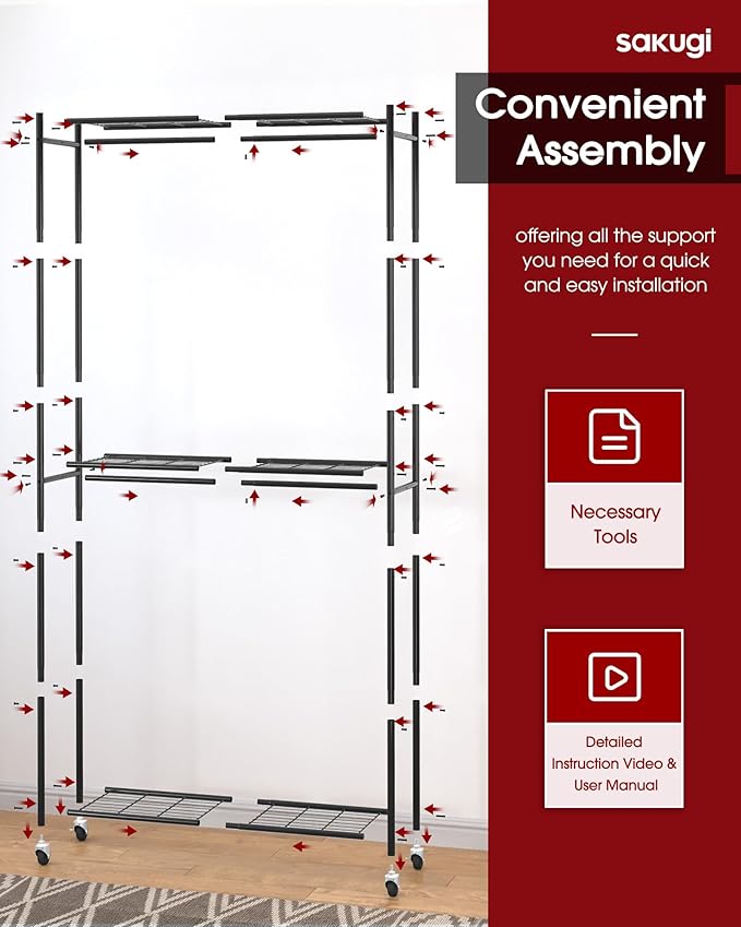 Sakugi Clothes Rack - 33.0" x 12.2" x 79.5" Clothing Rack with Shelves & Wheels, Multi-Functional Wardrobe Closet with Hooks,