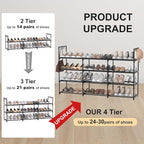 3 Row 4 Tier Long Shoe Rack, Black Metal Stackable Shoe Shelf with Multifunctional Hooks, Shoe Storage Hold 24-30 Pairs, Spac