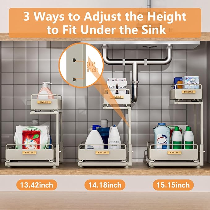 Under Sink Organizer, High Adjustable 2 Tier Under Kitchen Sink Organizer, Multi-Purpose Storage Shelf for Kitchen Bathroom C