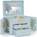 TORIBIO Jewelry Box for Women, Leather Jewelry Organizer with Mirror & Lock, 3-Tier Jewelry Storage Organizer with 2 Drawers 