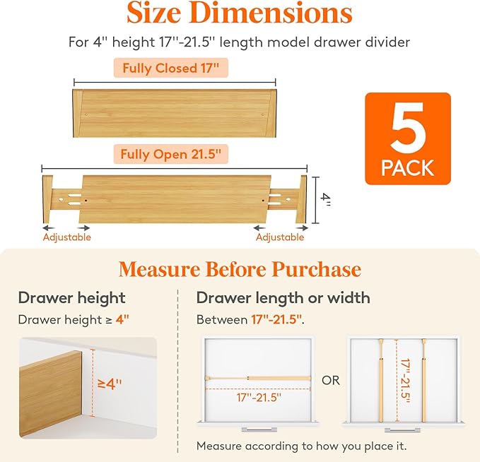 Lifewit 4" High 5 Pack Bamboo Drawer Dividers 43-54cm/17-21.5" Adjustable Wooden Drawer Organizer for Clothes/Utensils, Expan