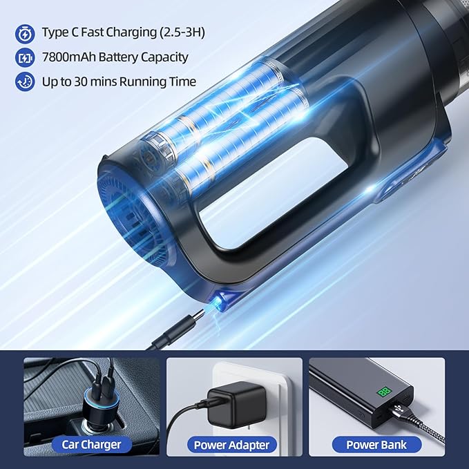 Car Vacuum Portable Cordless, 18000Pa 2 in 1 Vacuum Cleaner&Air Duster, 130W Brushless Motor Handheld Vacuum Cordless with 78