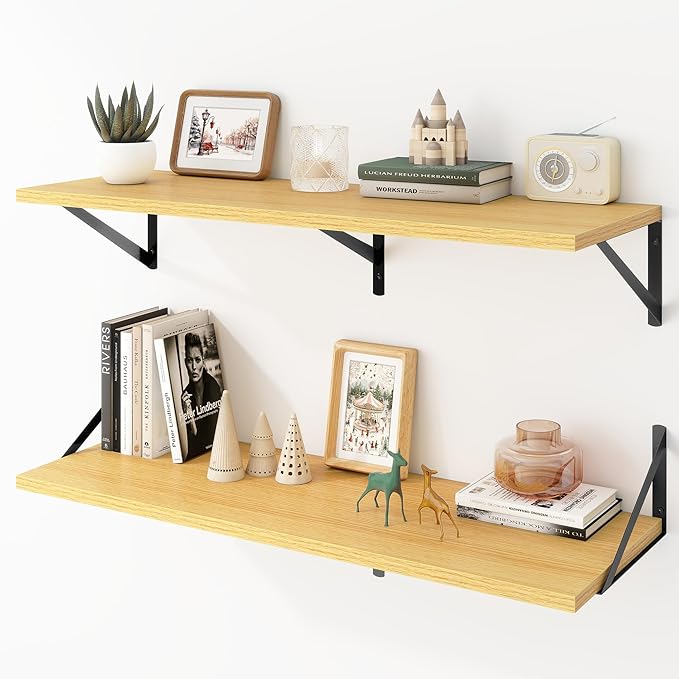 Deep Floating Shelves Wall Mounted, 36"x12" Oak Wall Shelves with Brackets Set of 2 for Bedroom, Living Room, Bathroom, Kitch