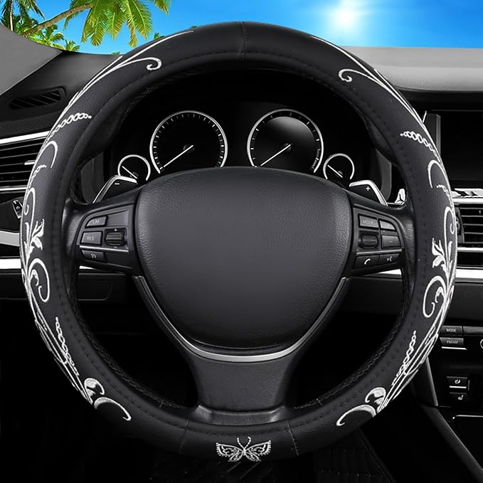 Car Leather Steering Wheel Cover - Panapi Material, Universal 14.5-15 Inch Leather Anti-Slip Breathable Auto Steering Wheel C