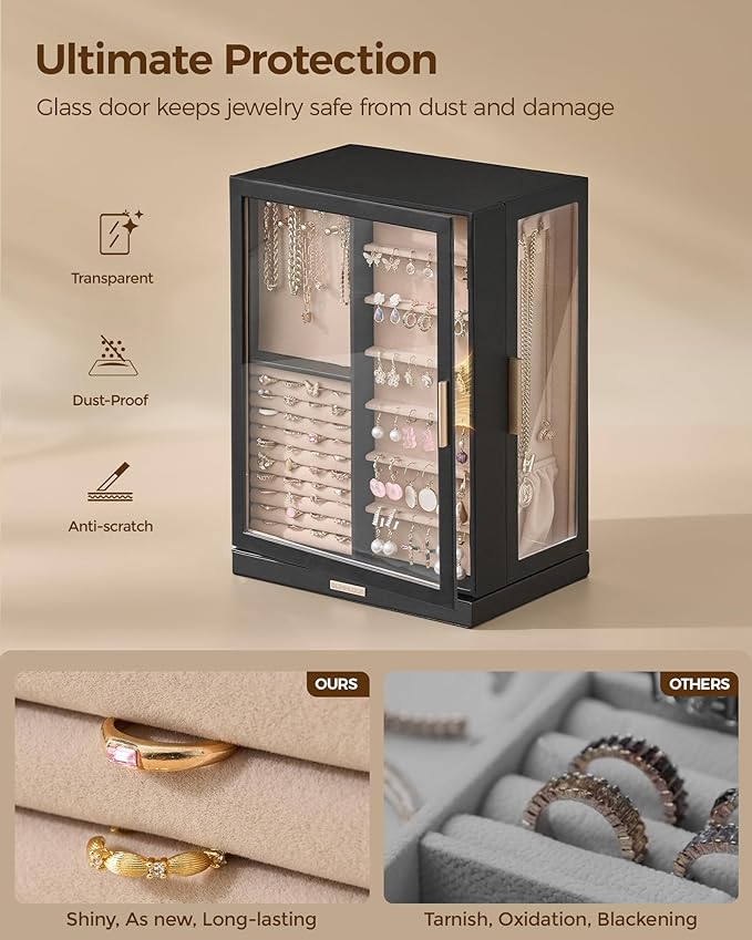 Glimmloop 360° Rotating Jewelry Box with 9 Drawers, Spacious Vertical Jewelry Organizer with Glass Window, Jewelry Storage Ca