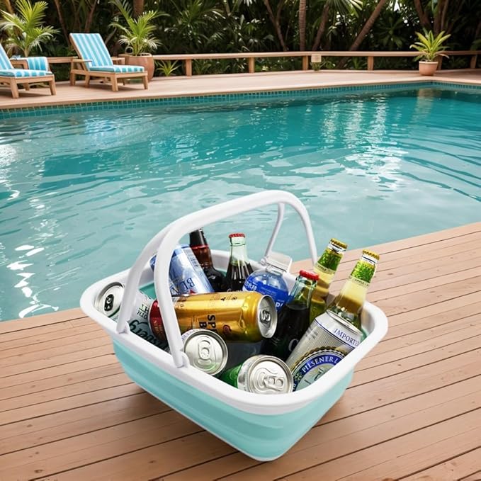 SAMMART 9.2L (2.37Gallon) Collapsible Tub with Handle - Portable Outdoor Picnic Basket/Crater - Foldable Shopping Bag - Space Saving Storage Container (1, White/Lake Green)