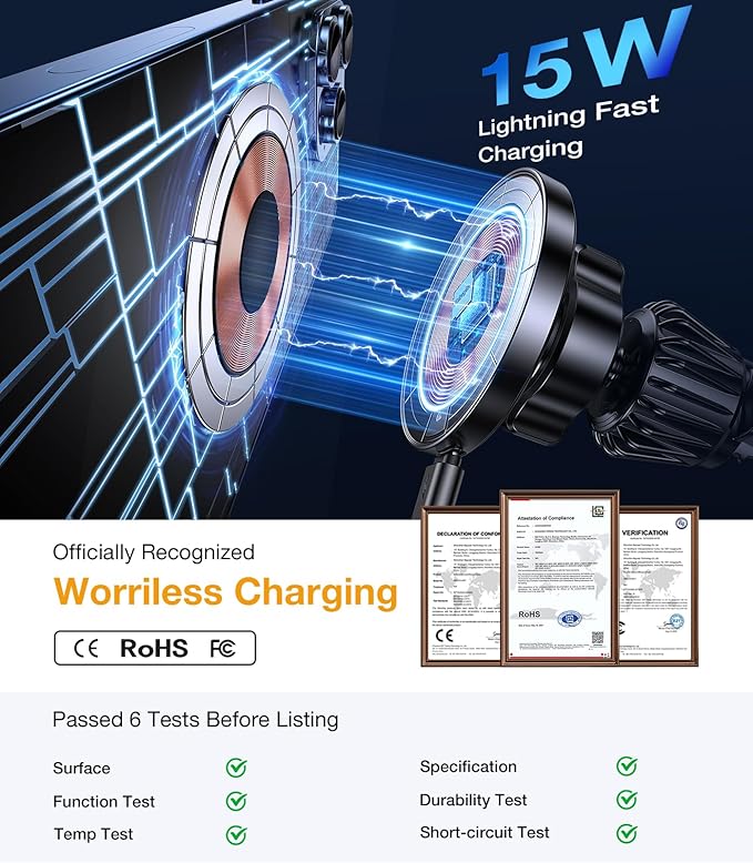 Coolpow for Magsafe Car Mount Charger【100% Stable】15W Magsafe Car Charger Magnetic Phone Holders for Your Car Accessories for Women Men Car Phone Holder Wireless Car Charger for iPhone 17 16 15 14 13