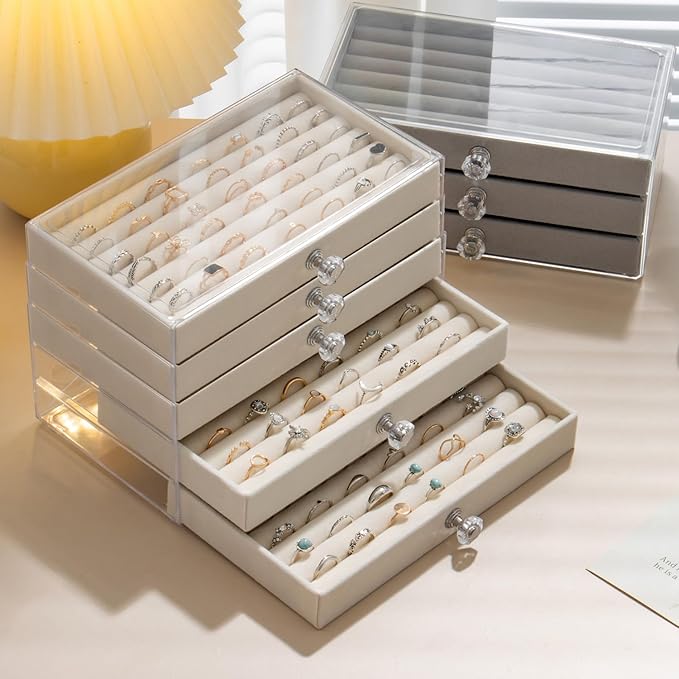 SPAKOWN Ring Box Display Holder, Clear Velvet Jewelry Storage Tray Organizer for Ring Stud Earring (Beige - 5 Drawers)