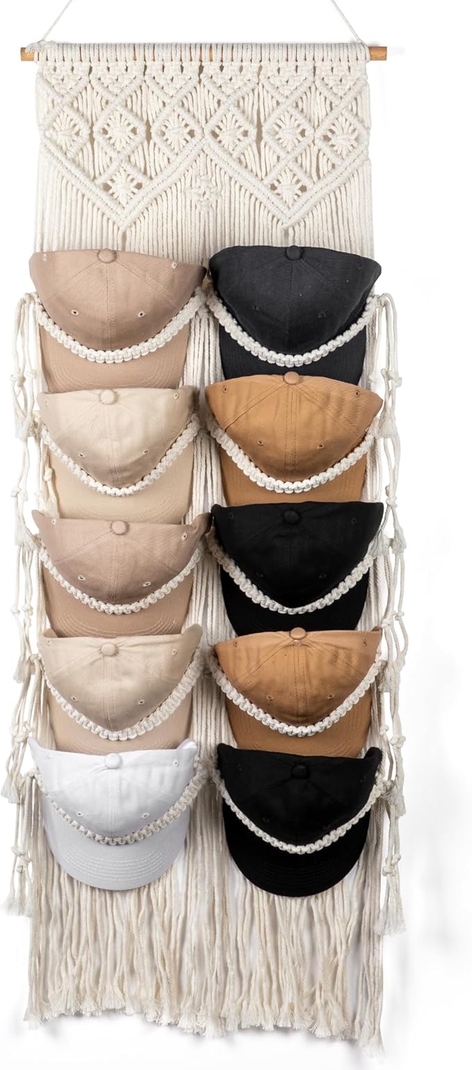 Macrame Hat Hangers for Wall Handmade Boho Baseball Cap Hanger Hand Knitting Cap Organizer Hat Holder for Wall Over Door Ball