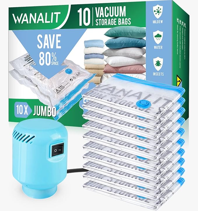 WANALIT Vacuum Storage Bags with Electric Pump, 10 Pack Jumbo Size（40"x28"） Reusable Compression Space Saving Bag for Clothes