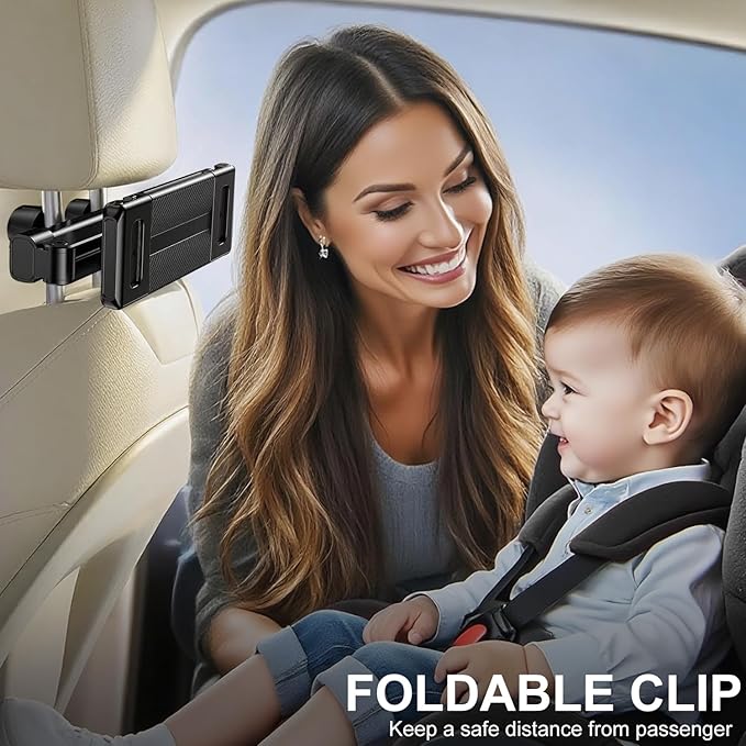 Car Headrest Tablet Holder - [Zinc Alloy Lockable Arm][Foldable Clip] Universal Car Tablet Mount Backseat, Car Accessories for Kids, for iPad Pro, Air, Mini, Galaxy, Fire HD, 4.7-13" Tablets