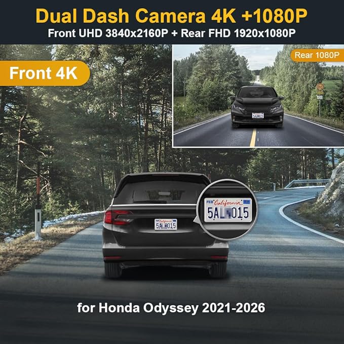 Fitcamx Front 4K+Rear 1080P Dash Cam Adapts for Honda Odyssey 2021-2026 Gen6 (HD2-D5900), OEM Factory Look, 2 Way HD Video, B