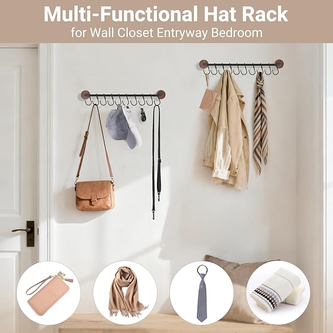 Mkono Hat Rack for Wall Hat Organizer for Baseball Caps Hanger with 20 Hooks Modern Metal Hat Holder Wall-Mounted Ball Caps D