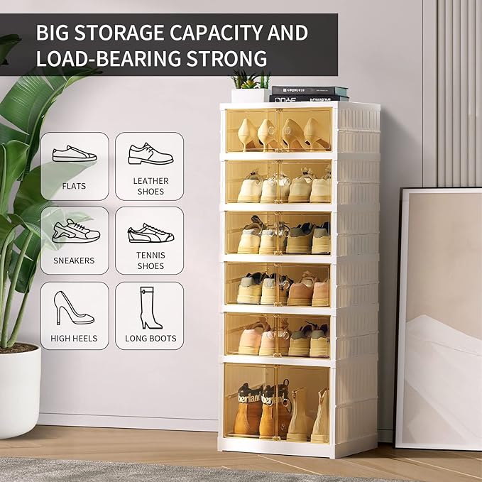 CIMLORD 6-Tier Foldable Shoe Rack Organizer for Closet 12Pairs Plastic Shoe Shelf Collapsible Shoes Storage Box Clear Shoe Bo